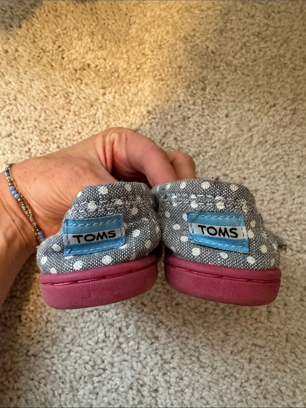 Toms Kids Gray Polka Dot Slip-Ons with Pink Accents